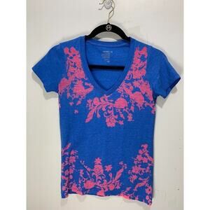 Old Navy Womens Blue V-Neck Floral Graphic T-Shirt XS Cotton/Polyester